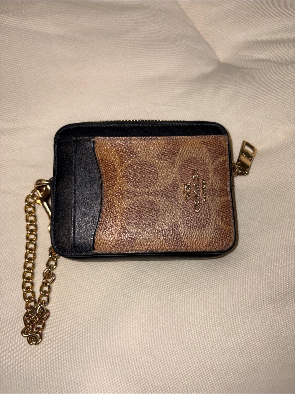 Coach Brown Signature Canvas and Black Leather Card Wristlet with Gold Chain